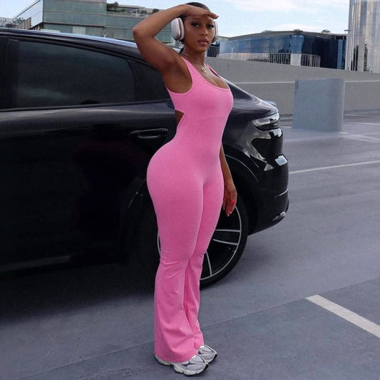 Women Clothing Summer Solid Color Sling Backless Hip Raise Skinny Sports Jumpsuit
