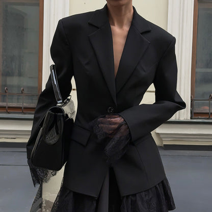 Black Autumn Winter Lace Stitching Office Women Long Sleeve Blazer