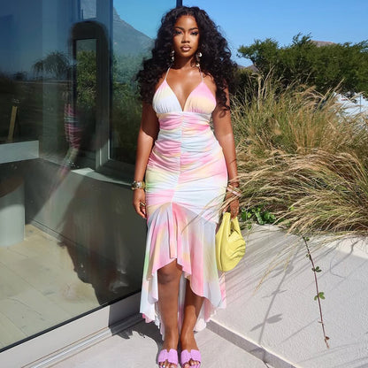 Summer Street Fresh Women Clothing Printed Pleated Hip Color Block V Neck Maxi Dress