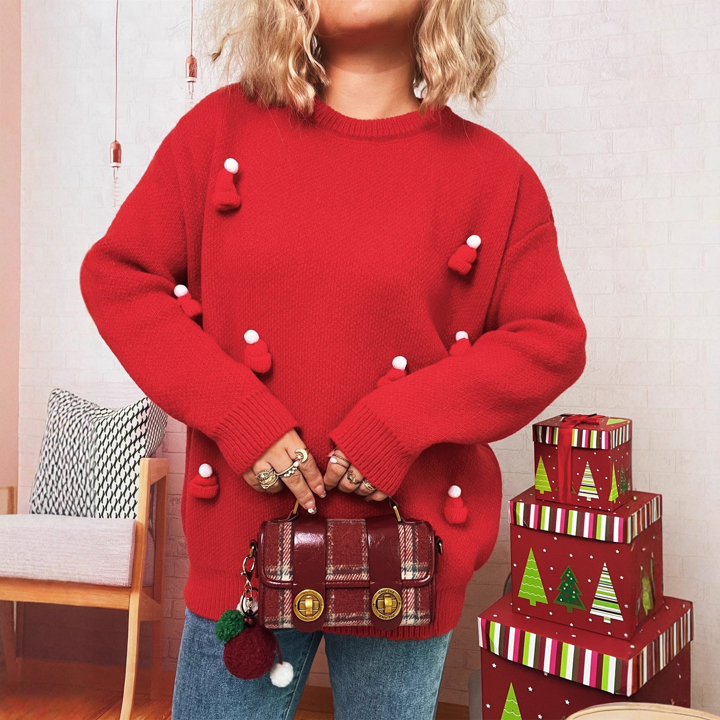 Christmas Knitted Pullover Crew Neck Casual Chic Stitching Christmas Hat Sweater Women