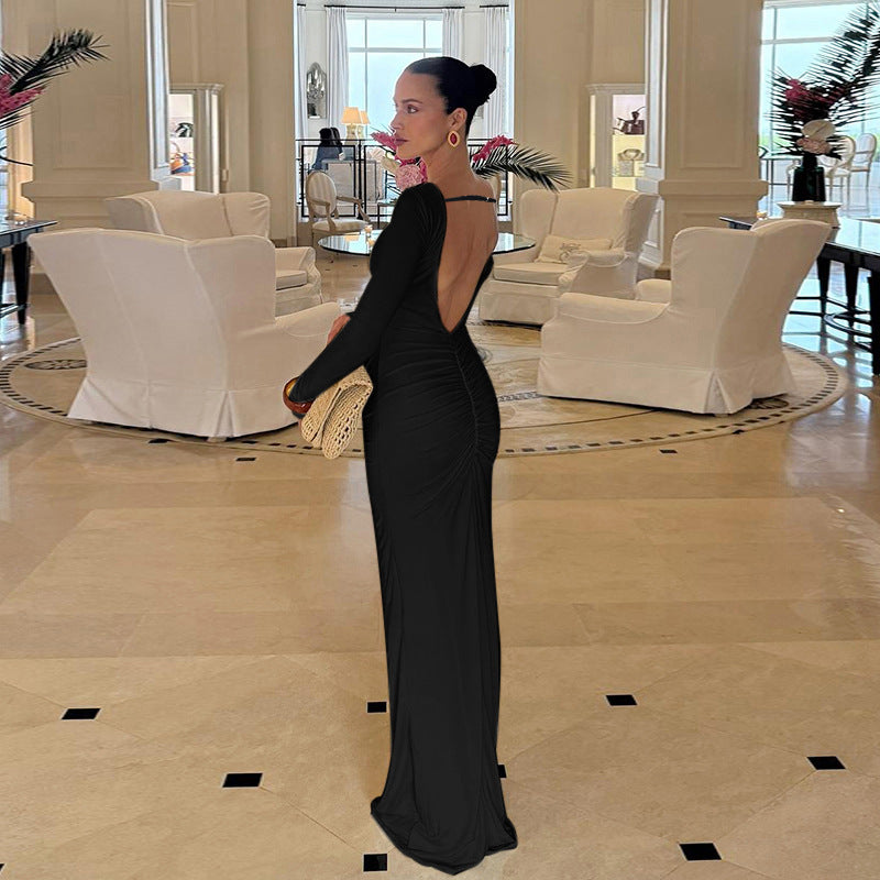 Autumn Socialite Elegant Slim Print Bell Sleeve Backless Lace up Dress for Women