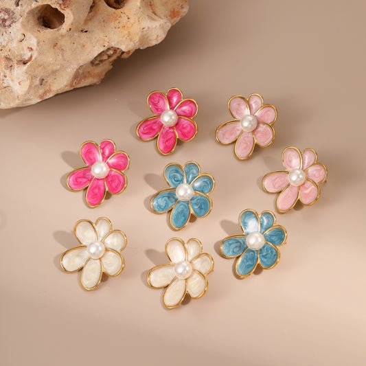 Colorful Oil Necklace Floral Earrings Inlaid Pearl French Design Vintage Stainless Steel Earrings