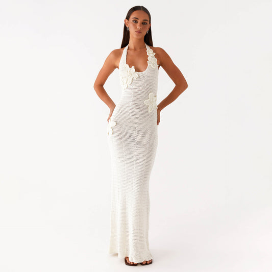 Sexy Hollow Out Cutout Floating Floral Halter Backless Sleeveless Casual Vacation Beach Dress