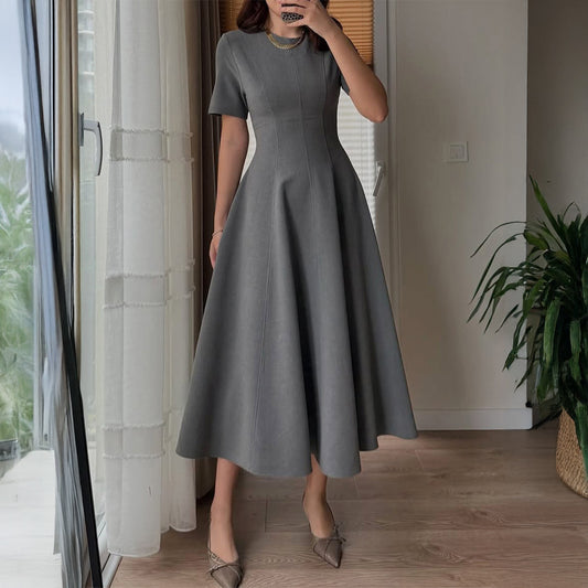 Elegant Short Sleeve A line Long Dress Women Clothing Autumn Winter