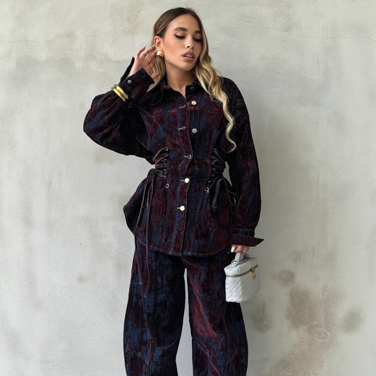 Autumn Design Printed Flocking Contrast Color Lace up Denim Coat Trousers Two Piece Sets
