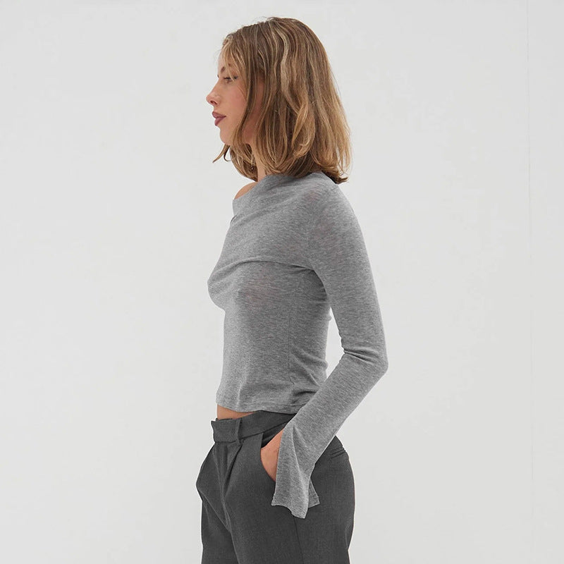 Women Clothing Autumn Winter Shoulder Slit Long-Sleeve T shirt