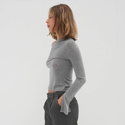 Women Clothing Autumn Winter Shoulder Slit Long-Sleeve T shirt