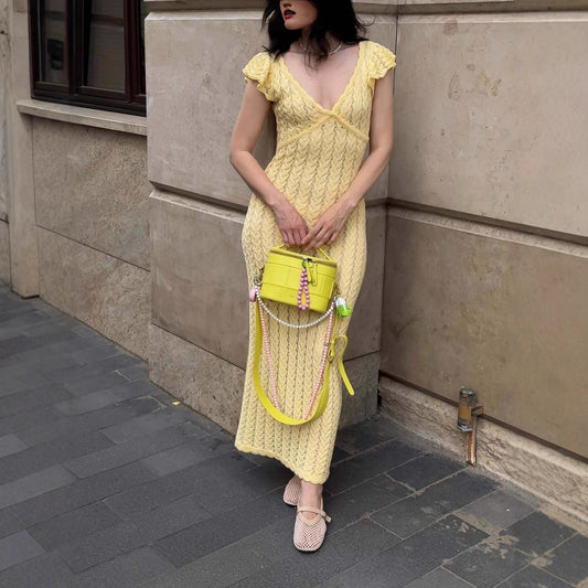 Ruffled Women Clothing Sexy V neck Knitted Sexy Dress Slim Backless Dress