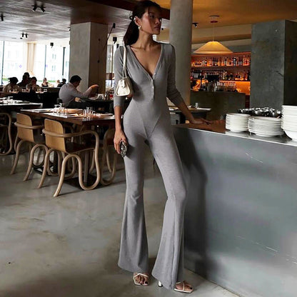 Women Clothing Autumn Solid Color V neck Button Tight Long Sleeve High Waist Micro Pull Jumpsuit
