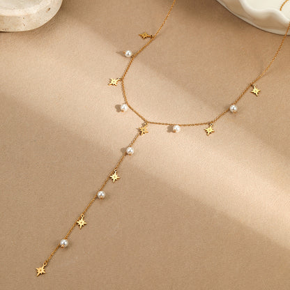 Advanced Tassel Imitation Pearl Y Word Chain Necklace Stainless Steel Plated 18K Necklace