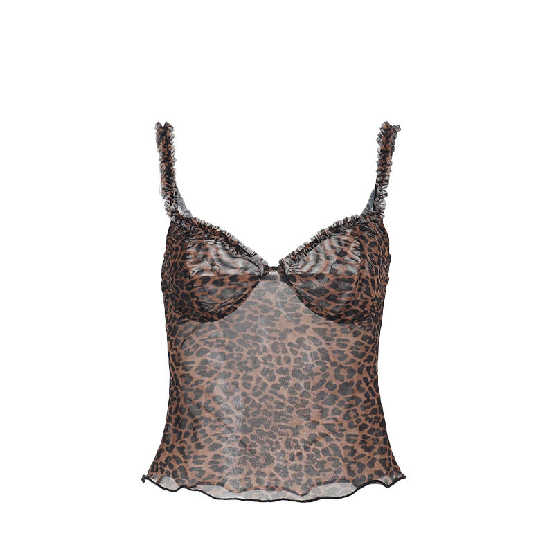 Sexy Leopard Print Camisole Top Summer Vacation Bottoming Chest Flattering Short Vest