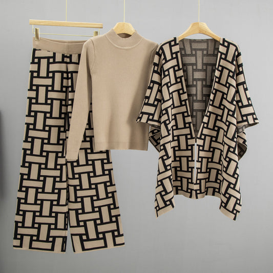 Idle Three Piece Women Autumn Winter Loose Outerwear Cape Coat Inner Bottoming Shirt Wide Leg