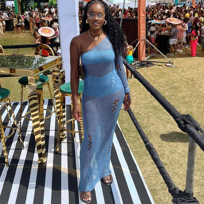 One Shoulder Slimming Beach Vacation Sexy Dress Knitted Hollow Out Cutout Out Maxi Dress Blouse Summer Women