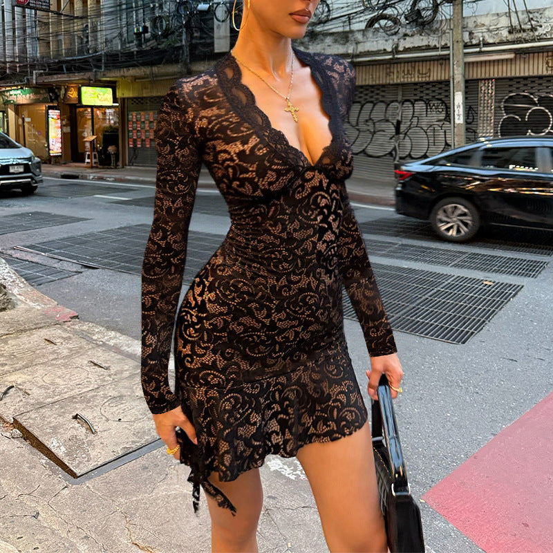 Autumn Adult Lady like Woman Sexy Hip Lace Long Sleeve Irregular Asymmetric Hem Deep V Plunge Dress