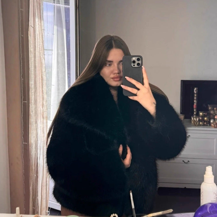 Large Collared Faux Fur Coat Women Elegant Fox Fur Jacket Autumn Winter Warm Environmental Protection Furry Coat