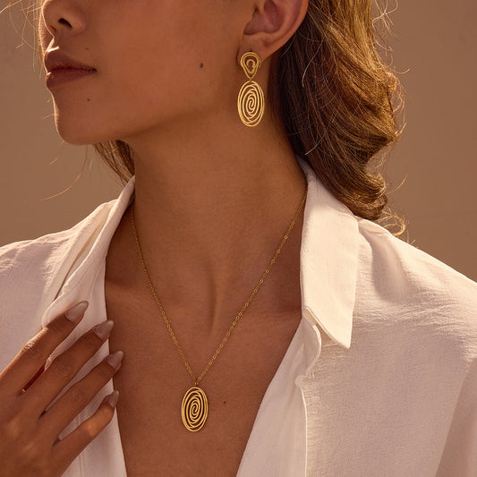 Hollow Out Cutout Spiral Vortex Embellished Necklace Stainless Steel Earrings Plated 18K Gold Head Ornament