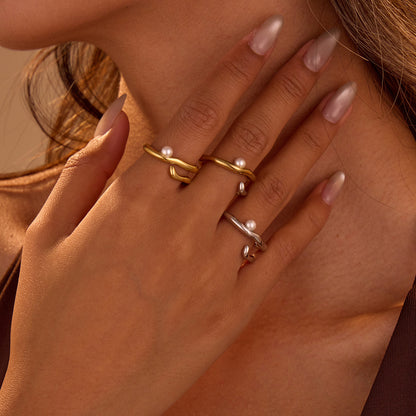 Geometric Abstract Design Irregular Asymmetric Stainless Steel Ring Color Matching Imitation Pearl Niche High Grade Ring