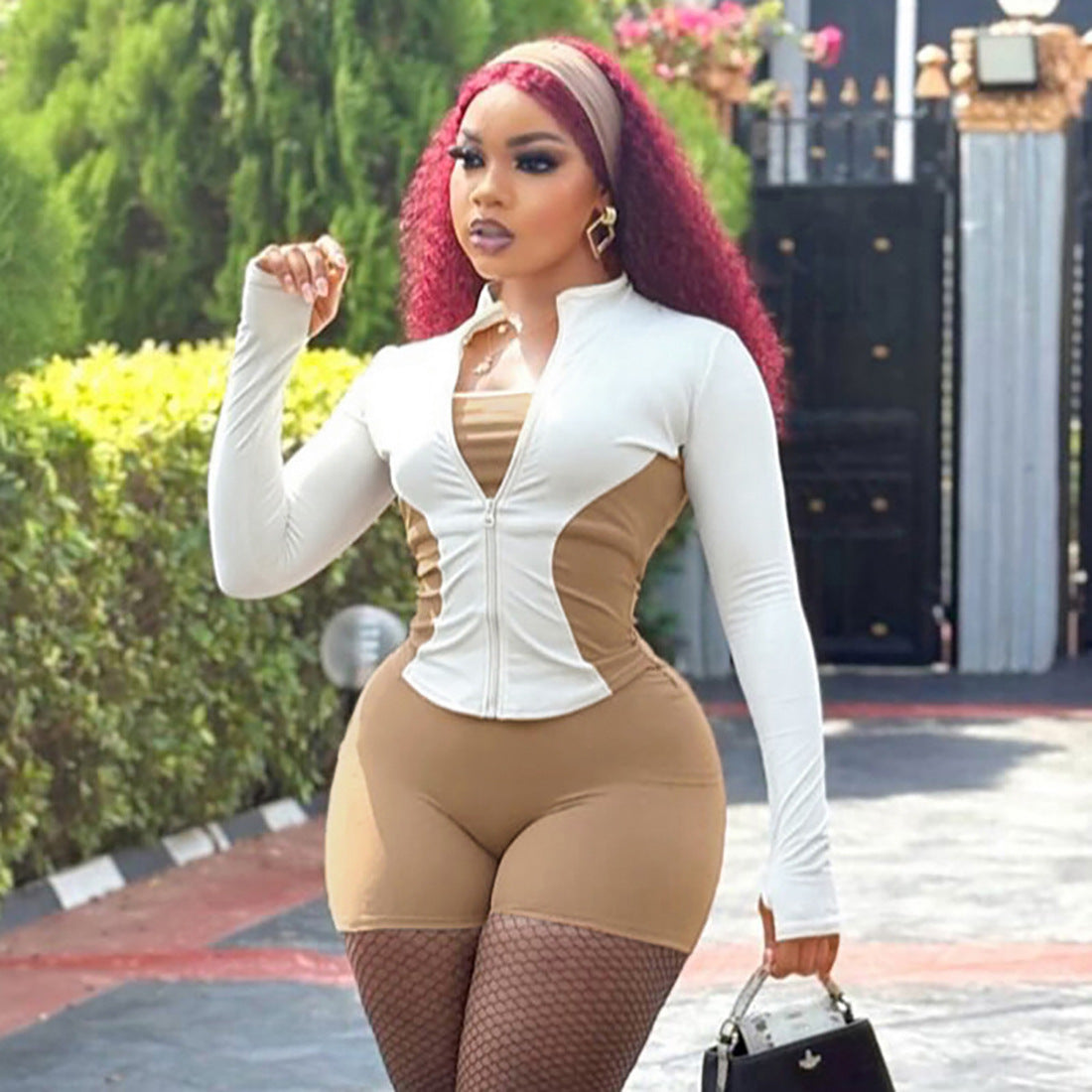 Women Stand Collar Zipper Sleeve Top Contrast Color Sports Shorts Two Piece Sets