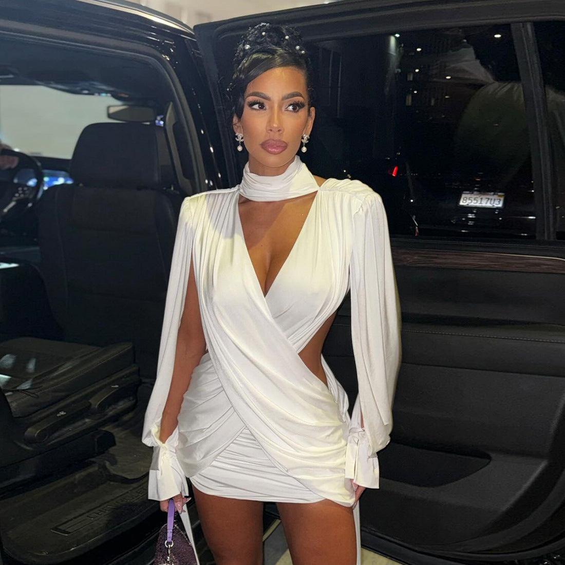 Autumn Winter Women Solid Color Sexy Hollow Out Cutout Long Sleeved Deep V Plunge neck Cross Stitching Hip Dress