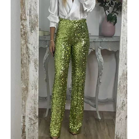 Spring Summer Party Sequ Bell Bottom Pants Casual Slim Elastic Multi Color Bell Bottom Pants