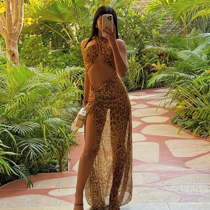 Leopard Print Hollow Out Cutout out Halter Split Print Dress Vacation Beach Party Dress