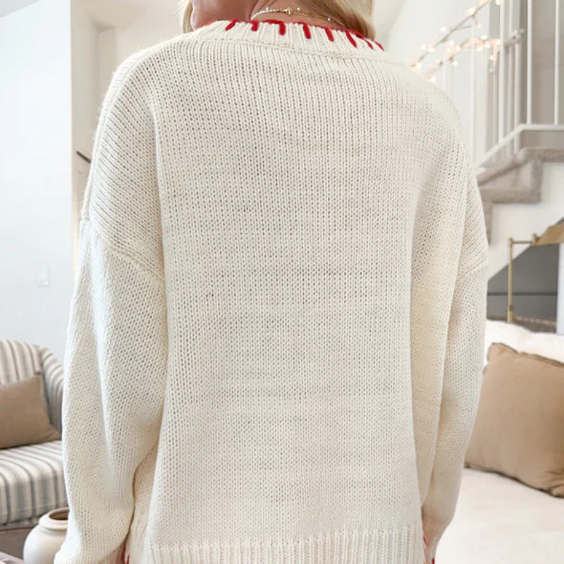 Lazy Wind Pullover Knitted Top Bow Jacquard Loose Fitting Outerwear Sweater Women