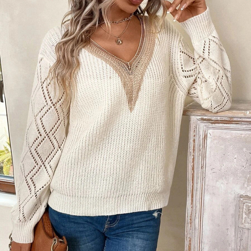 Spring Autumn V neck Sweater Loose Casual Pullover Women Knitwear