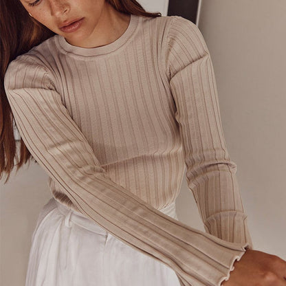 Round Neck Knitted Sweater Long Sleeve Ribbing Bottoming Sweater Solid Color Tight Autumn Winter Coat Women
