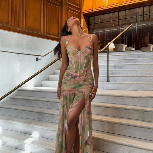 Women Clothing Summer Sexy Spaghetti Strap Floral Print Vacation Beach High Waist Slimming Slit Dress Women