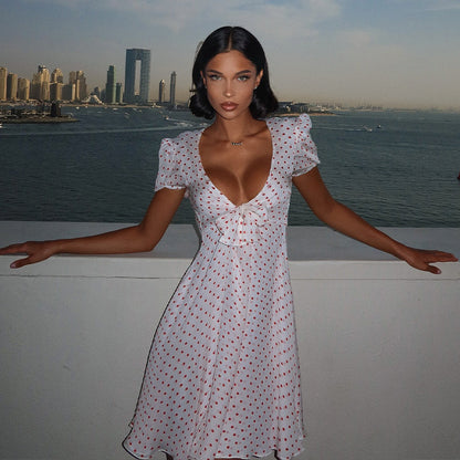Women Wear Sexy Deep V Plunge French Puff Sleeve Sexy High Waist A line Polka Dot Print Dress Short for Women