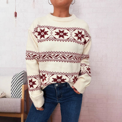 Autumn Winter Holiday Christmas Sweater Snowflake Jacquard Contrast Color round Neck Long Sleeved Knitted Pullover