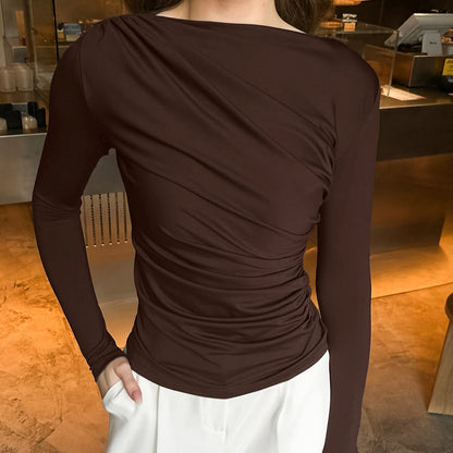 Autumn Arrival Pleating Niche Slim Waist Tight Sexy Long Sleeve Bottoming Shirt for Women