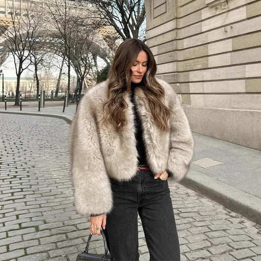 Faux Fur Coat Soft Fur Collar Wide Cuff Matching Sweater Jeans Design Autumn Winter Clothing