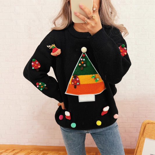 Contrast Color Christmas Casual Knitted Pullover round Neck Loose Lazy Year Sweater