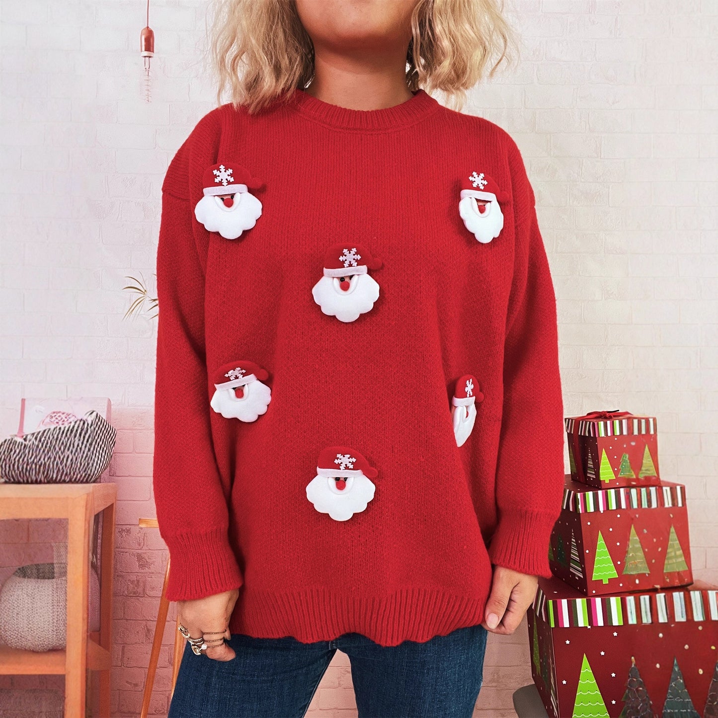 Autumn Winter Christmas Patchwork Santa Claus Casual Warm Knitted Top Lazy Sweater