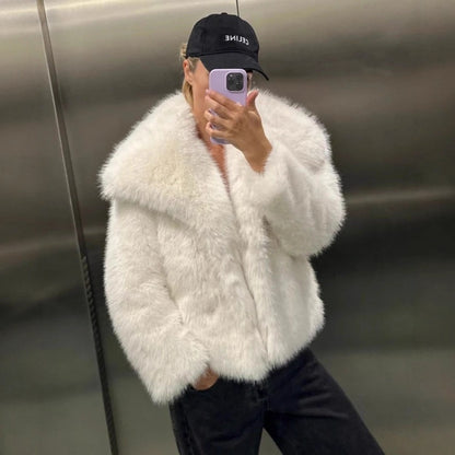 Large Collared Faux Fur Coat Women Elegant Fox Fur Jacket Autumn Winter Warm Environmental Protection Furry Coat