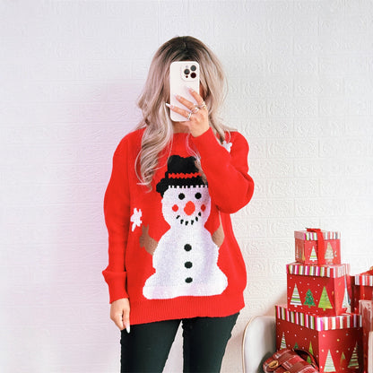 Casual Christmas Snowman Sweater round Neck Loose Chic Women Sweater