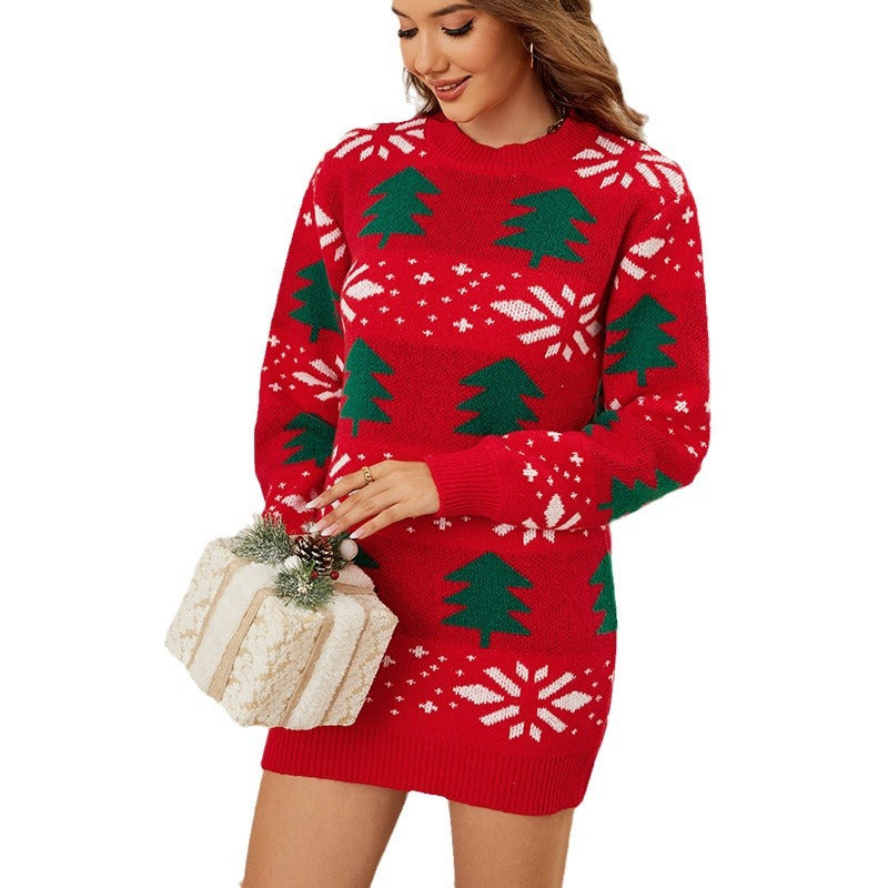 Christmas Pullover Christmas Tree Jacquard Long Red Knitted Sweater Dress