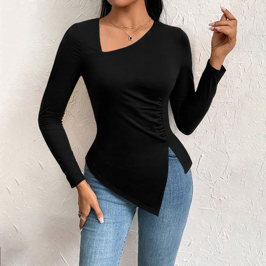 Women Wear Elegant Diagonal Collar T shirt Autumn Winter All Match Office Long Sleeved Top