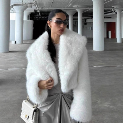 Elegant Collared Fur Coat Women Fluffy Soft White Fox Fur Top Plush Coat