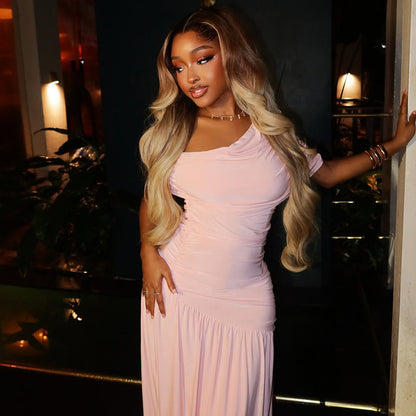 Women Clothing Special Split Casual Asymmetric One Shoulder Diagonal Collar Long Solid Color Dress