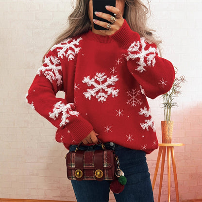 Christmas Year Christmas Contrast Color Snowflake Knitted Top Crew Neck Casual Sweater Women