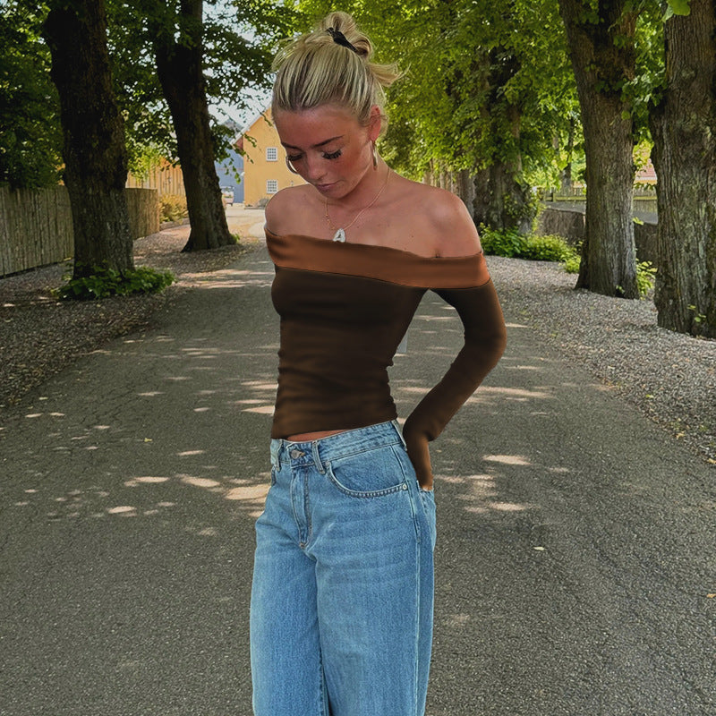 French Pure Sexy off Shoulder Inner Wear Women Spring Autumn Long Sleeve T shirt off Shoulder Bottoming Shirt Top