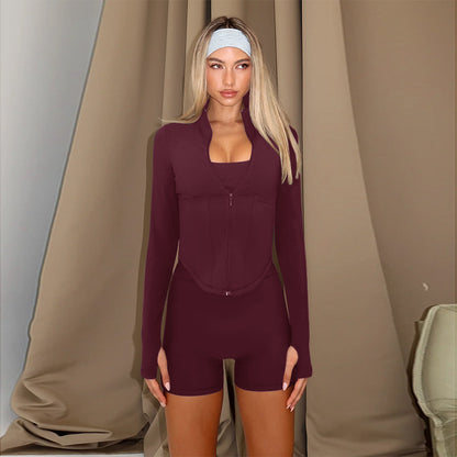 Deep V Plunge Long Sleeve Zipper Top Sexy Peach Hip Tight Shorts Yoga Two Piece Sets Women