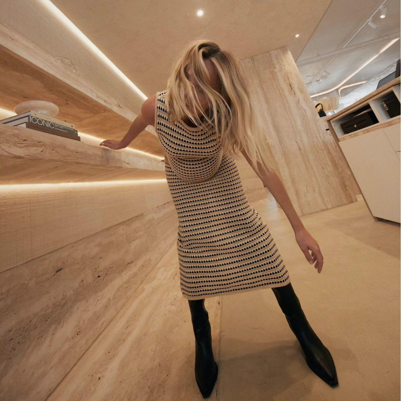 Striped Contrast Color Beach Vacation Sexy Dress Knitted Hollow Out Cutout Out Long Sleeveless Knitted Dress