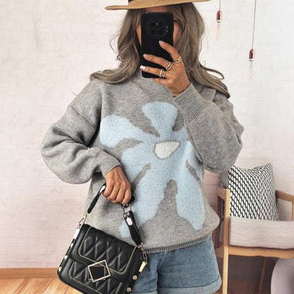 Casual Loose Knitted Pullover round Neck Large Floral Jacquard Contrast Color Sweater Women