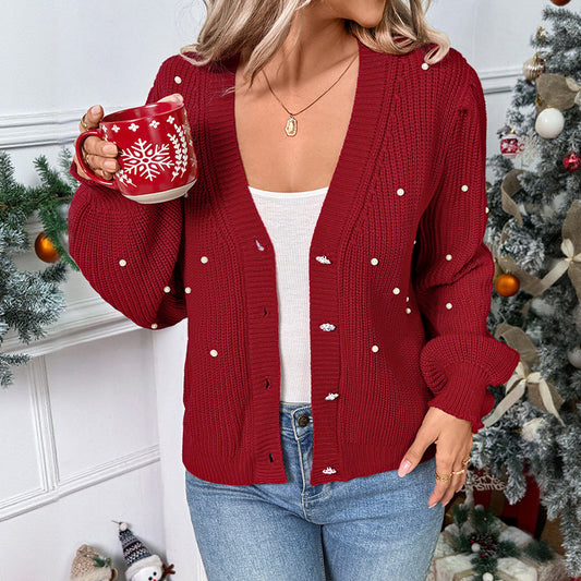 Autumn Sweet Knitted Cardigan V neck Pearl Decorative Red Christmas Sweater Coat Women