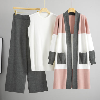 Women Autumn Winter Knitting V neck Cardigan Bottoming Vest Wide Leg Pants Three Piece Set