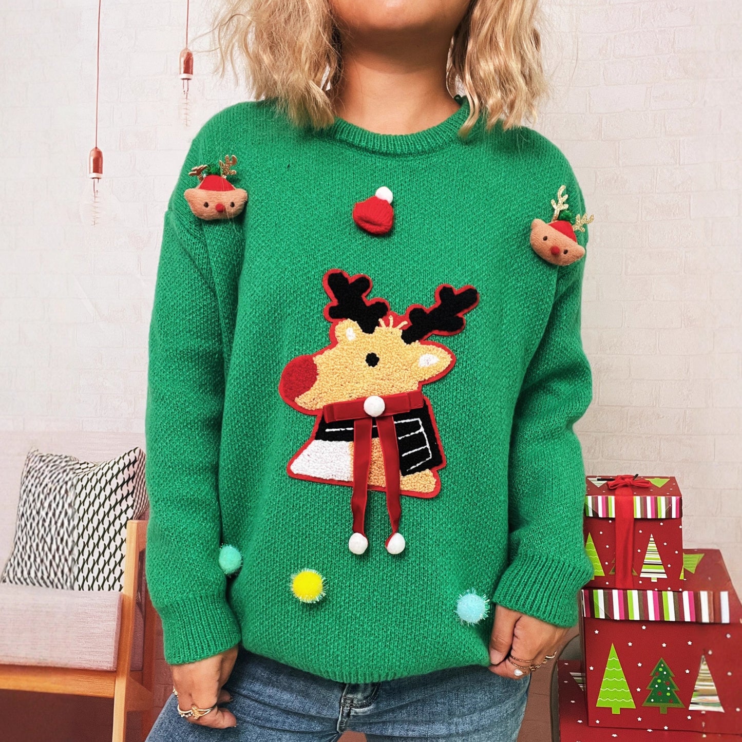 Christmas Patchwork Cartoon Deer Knitted Pullover round Neck Chic Sweater Women