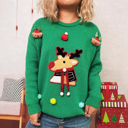Christmas Patchwork Cartoon Deer Knitted Pullover round Neck Chic Sweater Women
